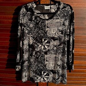 Chico's Travelers Black & Cream Top 3/4 Sleeve Slinky Soft Flowy Size 3 = 16 XL